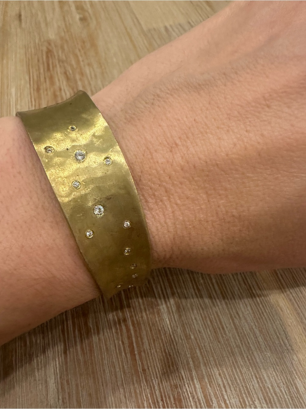 Vintage Hammered Brass Wide Open-Cuff Bracelet with Embedded Crystal Rhinestones